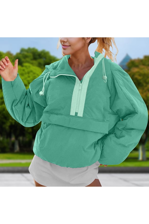 Shirts for Women, Crew Neck Pullover Puffer Long Sleeve Loose Jacket Half Zip Hooded Coat