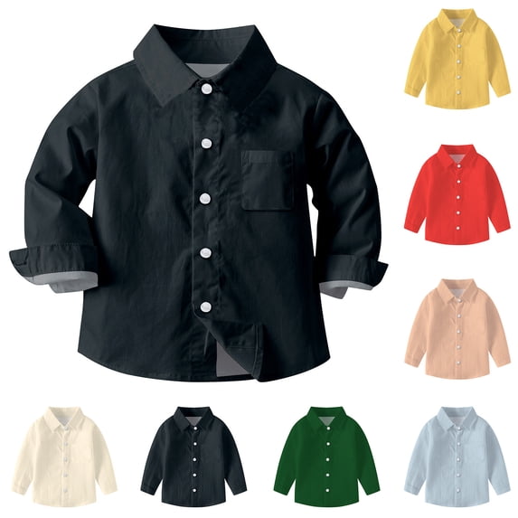 Ahabrexf Kids Button Down Shirt Unisex Long Sleeve Solid Cream with Chest Pocket Casual School Uniform for Toddler Boys Girls 6 Months to 8 Years
