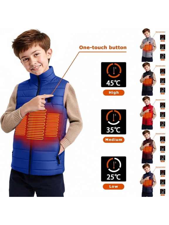 Kids Heated Vest Boys Girls Lightweight Puffer Sleeveless Jacket 3 Heating Levels 100% Cotton Zip Up Outerwear for Winter Ski School