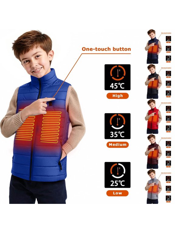 Kids Heated Vest Boys Girls Lightweight Sleeveless Electric Heating Jacket with 3 Temperature Levels Zipper Closure for Winter Outdoor Ski School