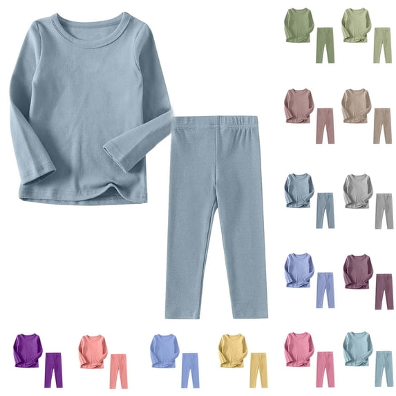 Ahabrexf Kids Pajama Set Soft Breathable Stretchy 2 Piece Long Sleeve Top and Pants Solid Unisex Loungewear for Boys Girls 6 Months to 11 Years