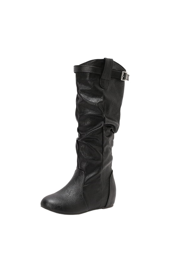 Knee High Winter Boots for Women Faux Leather Fleece-Lined Inner Height Enhancing Hidden Wedge Heel 1.6-Inch Round Toe Lace Up Buckle Casual