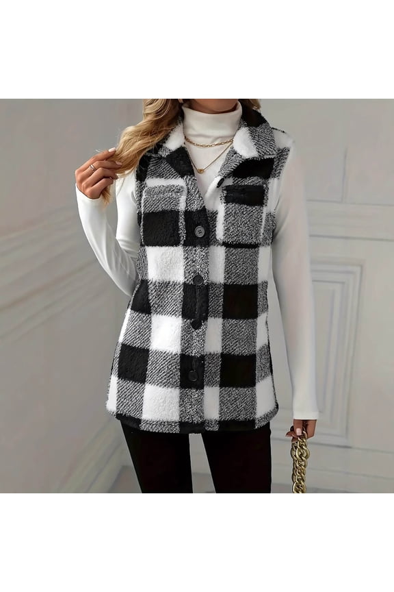Winter Coats for Women, Plaid Double Sided Fleece Sleeveless Turtleneck Vest Jacket