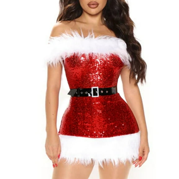 Ahabrexf Mini Skirts for Women, Red Sequined Skirt Hem Plus Size Christmas Party Dress