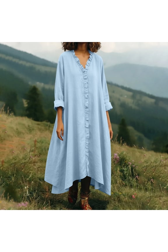 Linen Dress Women, Loose Fit V-Neck Lace-Trimmed Long Sleeve Flowy Dress for Women