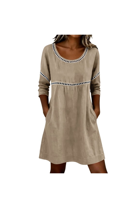 Linen Dresses for Women, Round Neck Long Sleeve Loose Tailored with Eyelet Border Pockets for Summer Casual Wear