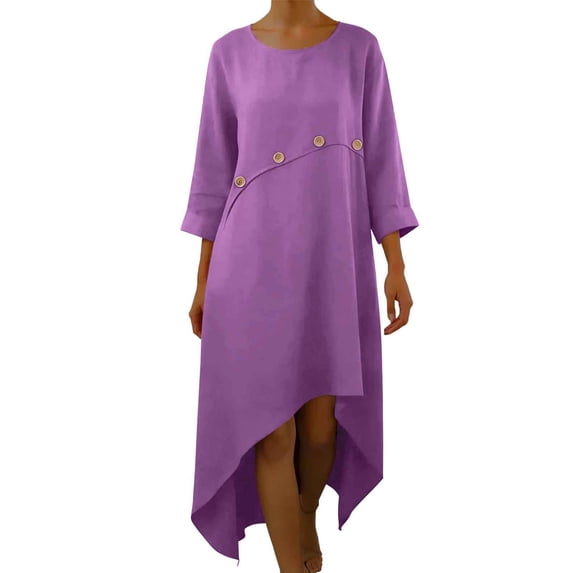 Ahabrexf Linen Dresses for Women, Solid Color Loose Fit 3/4 Sleeve V-Neck Button Detail Casual Maxi Dress, 1 Pc