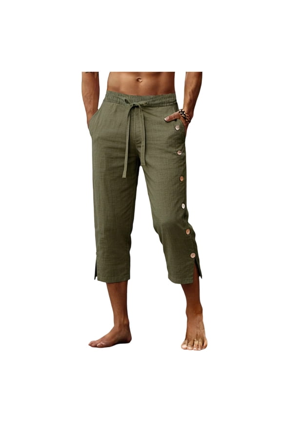 Linen Pants for Men Lightweight Split Hem 3/4 Length Casual Decorative Buttoned Polyester Pants