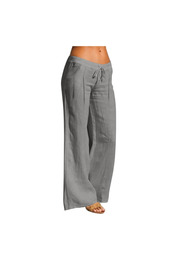 Linen Pants for Women High Waist Loose Straight Leg Pleated Pocket Casual Long Pants 1Pc