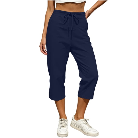 Ahabrexf Linen Straight Leg Pants for Women, Solid Color, Elastic Waistband, Pockets, Casual Shorts, 5-Inch Length