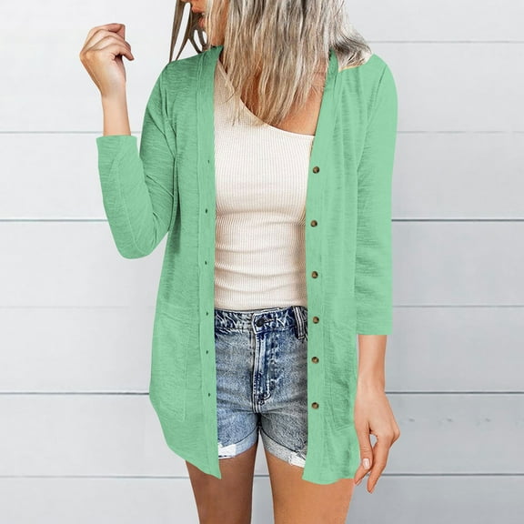 Ahabrexf Womens Casual Tops, Solid Color 3/4 Sleeve Cardigan Blouse for Daily Outerwear and Layering