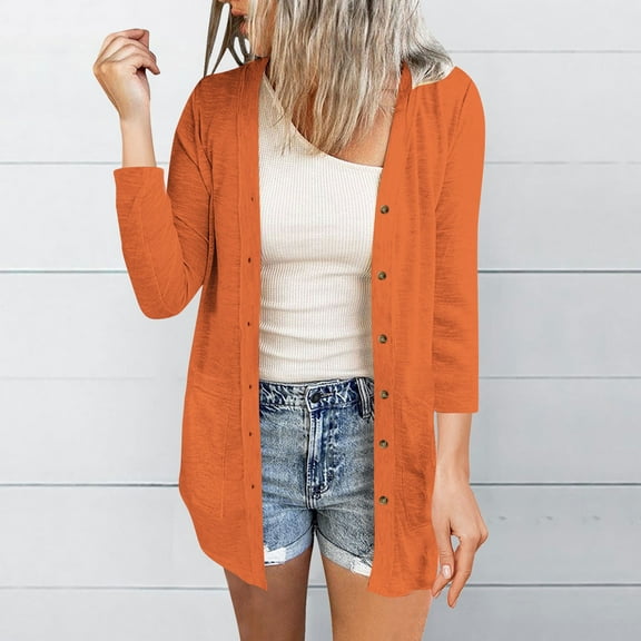 Ahabrexf Womens Casual Tops, Solid Color 3/4 Sleeve Cardigan Blouse for Daily Outerwear and Layering