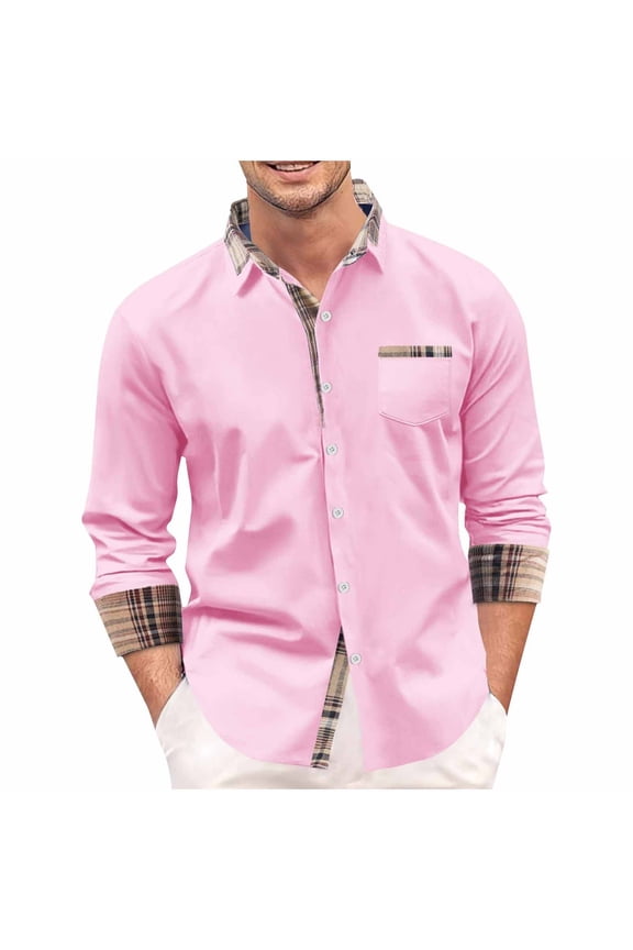 Long Sleeve Shirts for Men, Leisure Button Mock Pocket Lattice Flip Collar Shirt