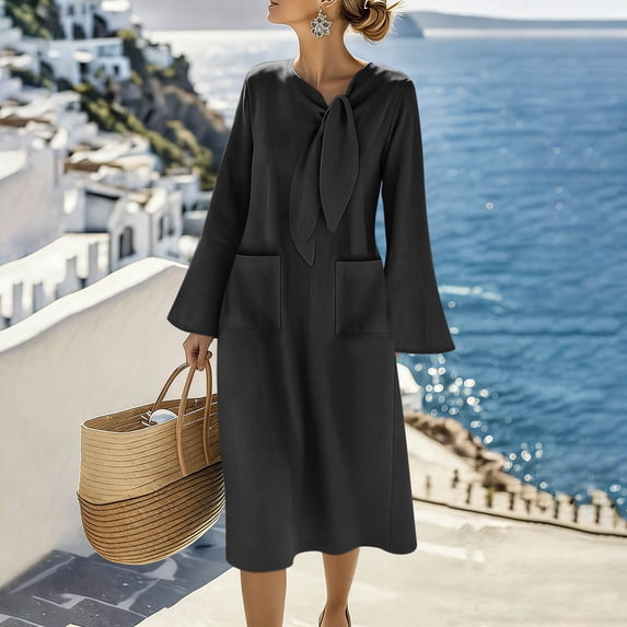 Ahabrexf Long Sleeve Dress for Women, Casual Flowy Loose-Fit Mid-Length Dress with Pockets for Everyday Wear