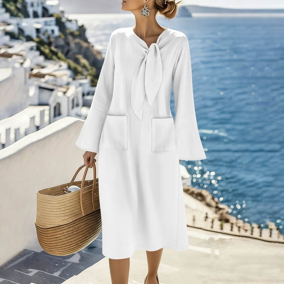 Ahabrexf Long Sleeve Dress for Women, Casual Flowy Loose-Fit Mid-Length Dress with Pockets for Everyday Wear