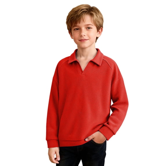 Ahabrexf Long Sleeve Shirts for Boys, Solid Color Waffle Knit Henley Round Neck Casual Daily Wear Long Sleeve Top, 1 Pc