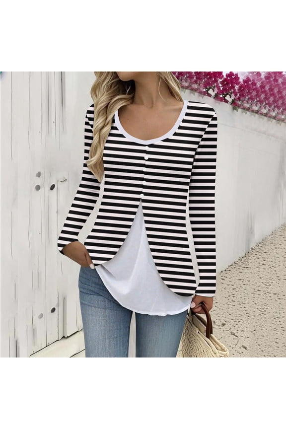 Flannel Jacket Women, Lady's Fake-Layer Top Long Sleeve Cinched Waist Contrast Knit Blouse