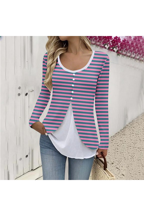 Flannel Jacket Women, Lady's Fake-Layer Top Long Sleeve Cinched Waist Contrast Knit Blouse