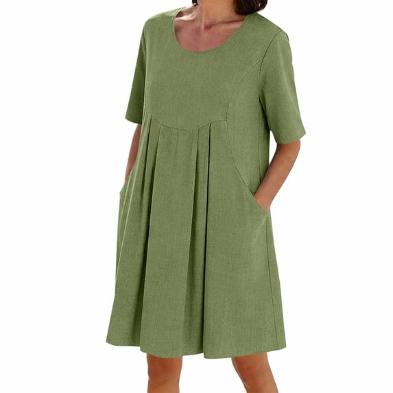 Ahabrexf Long Sleeve Short Dress for Women Knee Length Summer Dress, Solid Color Crew Neck Pocket Casual Dress