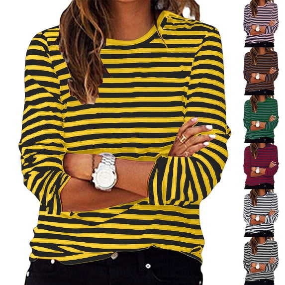Ahabrexf Long Sleeve T-Shirt Navy White Striped Round Neck Polyester Soft Breathable Lightweight Casual Regular Fit for Women Everyday Wear