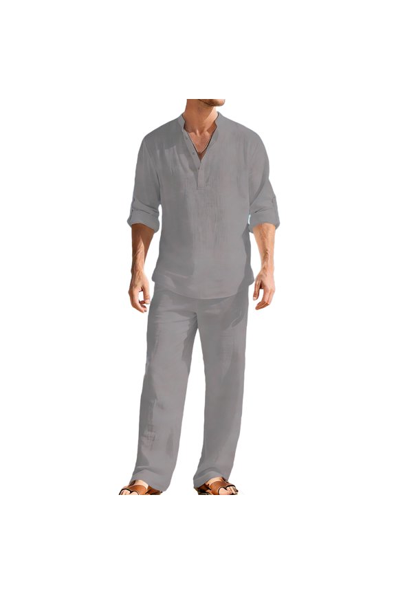 Long Sleeve V Neck Tops for Men with Elastic Waist, Drawstring Pockets, Casual 2 Pc Set