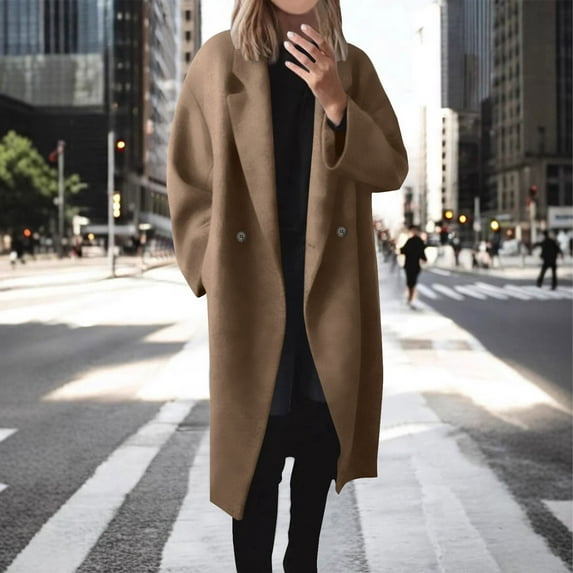 Ahabrexf Lapel Coat Women, Solid Color Long Wool Blend Windbreaker with Breast Pocket Design