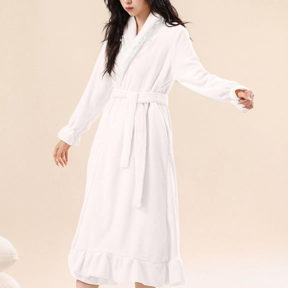 Ahabrexf Long robes for women,Fashion Lapel Long Sleeve Warm Bathrobe with Pocket for Home Wear