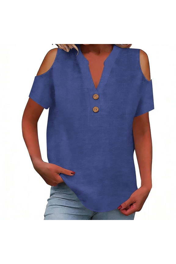 Loose Off The Shoulder Tops for Women Linen V-Neck Short Sleeve Casual T-Shirt