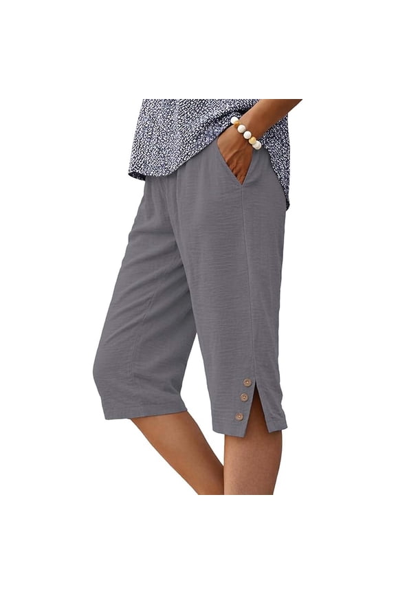 Loose Pants for Women Summer Casual with Pockets, Side Slits, Buttons, Straight Leg 5 Quarter Length