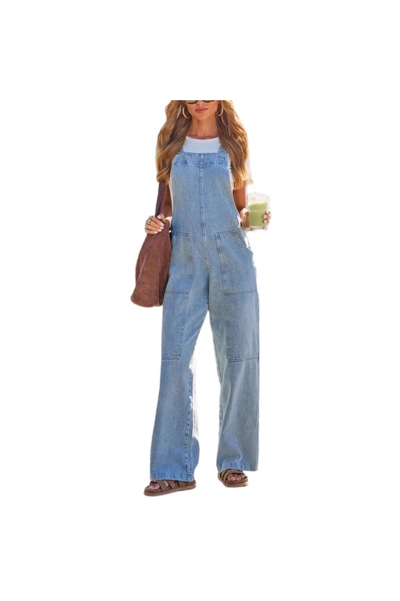 Loose Tailored Denim Jumpsuit for Women Overalls Adjustable Strap Wide Leg Casual with Front Pockets for Daily Outdoor Wear