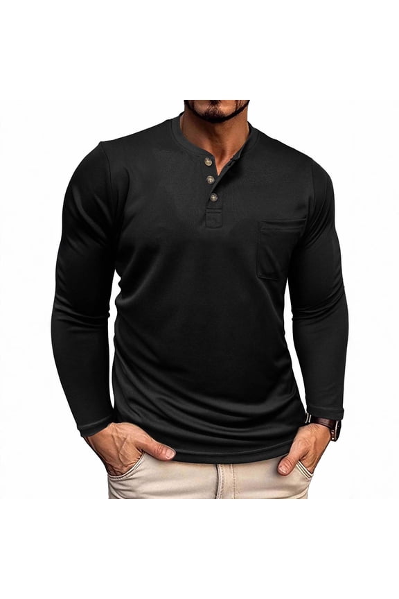 Men's Casual Half Cardigan, Solid Color Pullover Button Long Sleeve Round Neck Pocket Top