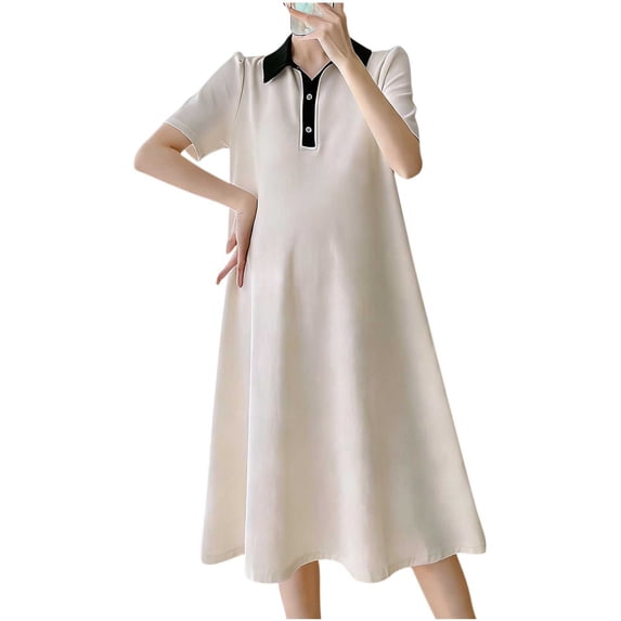 Ahabrexf Maternity Dress Casual for Women Solid Color Lapel Short Sleeved Loose Comfortable Dress