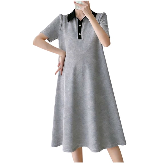 Ahabrexf Maternity Dress Casual for Women Solid Color Lapel Short Sleeved Loose Comfortable Dress