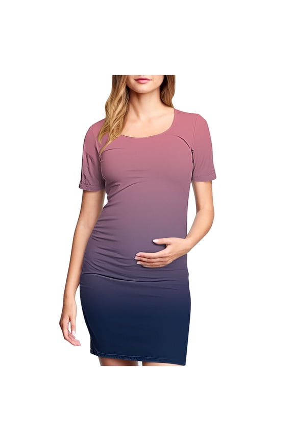 Maternity Floral Print Pleated Mid Calf Dress with Short Sleeve Spring Pregnancy Wear