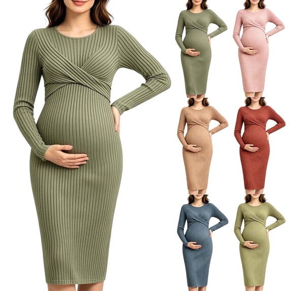 Ahabrexf Maternity Maxi Dress Long Sleeve Cross Front Knit Bodycon ...