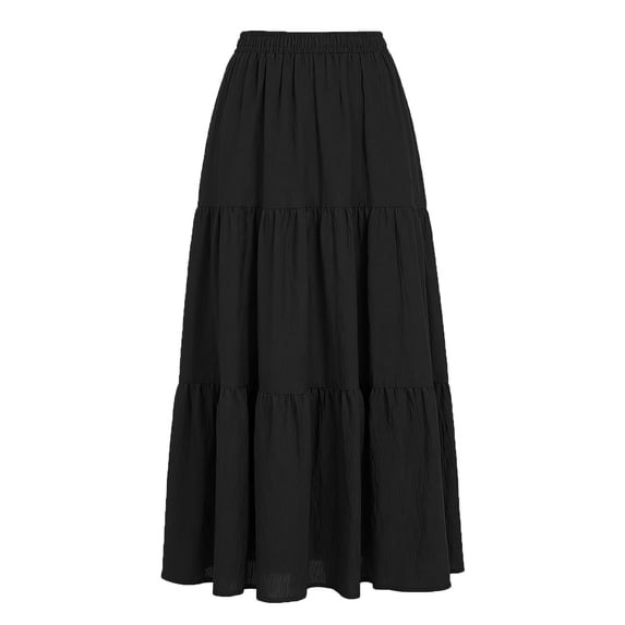 Ahabrexf Maxi Skirt High Waist Elastic Lining Tiered Solid Color with Pockets for Casual Summer