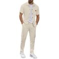 thumbnail image 1 of Ahabrexf Men 2 Pc Outfits Sets Solid Short Sleeve Lapel Button Up Cardigan Waffle Shirt and Workwear Pants, 1 of 7