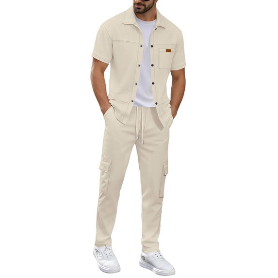 Ahabrexf Men 2 Pc Outfits Sets Solid Short Sleeve Lapel Button Up Cardigan Waffle Shirt and Workwear Pants