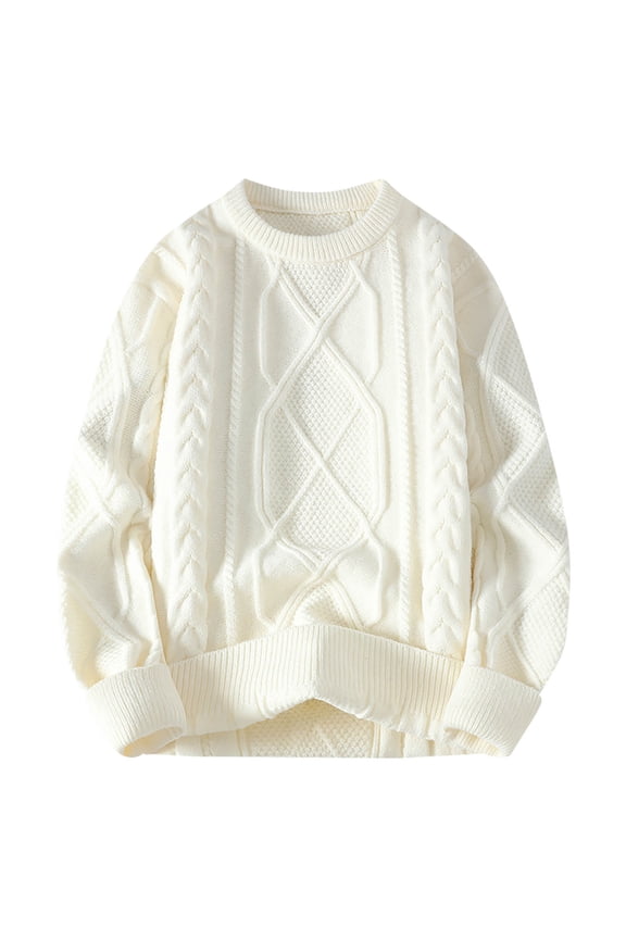 Mens Knit Sweater, Casual Solid Color Round Neck Pullover with Printed Striped Pattern