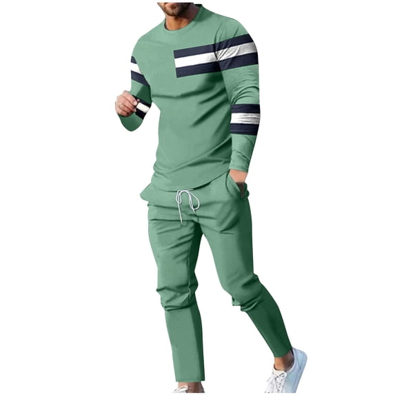 Ahabrexf Pants for Men,Round Neck Patchwork Printing Long Sleeve Blouse and Trousers Suit