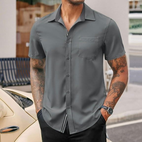 Ahabrexf Mens Shirts Casual, Solid Color Button Short Sleeve Turndown Collar Blouse Shirt