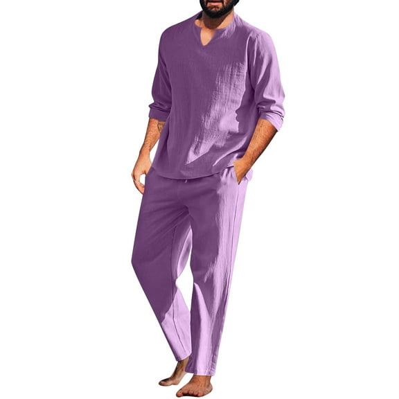 Ahabrexf Pants for Men, Casual Solid Fashion Neck Linen Pullover Blouse and Trouser Suit Set