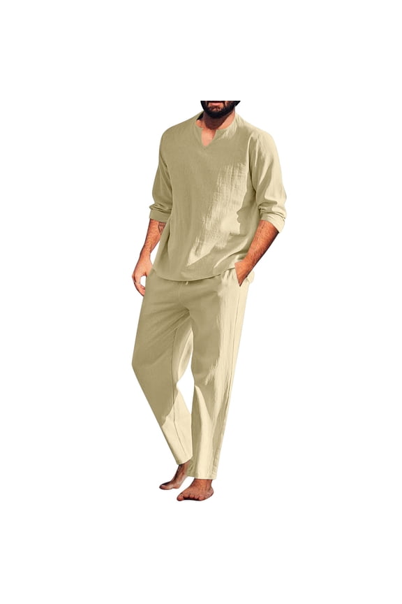 Pants for Men, Casual Solid Fashion Neck Linen Pullover Blouse and Trouser Suit Set