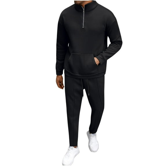 Ahabrexf Men Casual Turndown Collar Color Block Pockets Long Sleeve Blouse And Pants Trousers Sports Suit