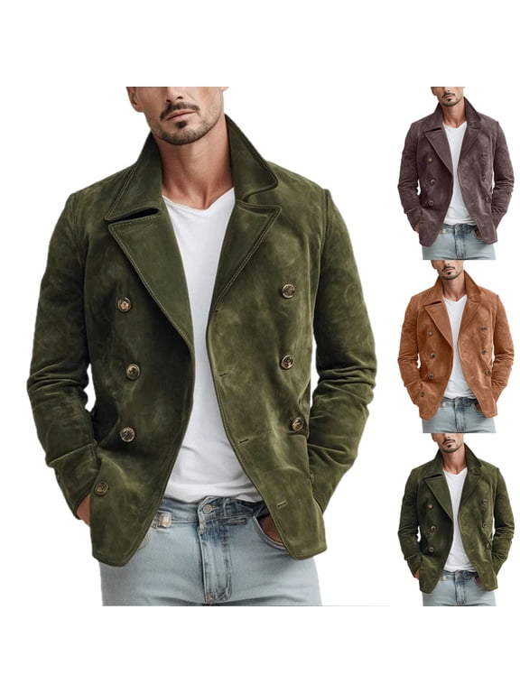 Men Faux Suede Double Breasted Jacket Long Sleeve Lapel Collar Casual Outerwear