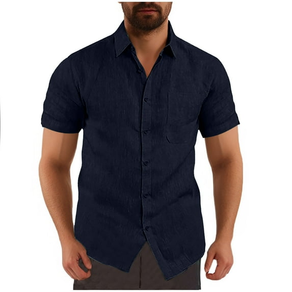 Ahabrexf Men Solid Casual Turn-down Collar Pocket Button Short Sleeve Shirt Blouse