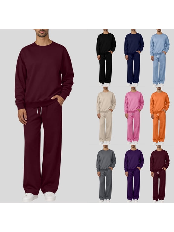 Men Sweatsuit 2 Piece Set 100% Polyester Crew Neck Long Sleeve Drawstring Waist Sweatpants with Pockets Casual Solid Track Suit for Everyday Wear