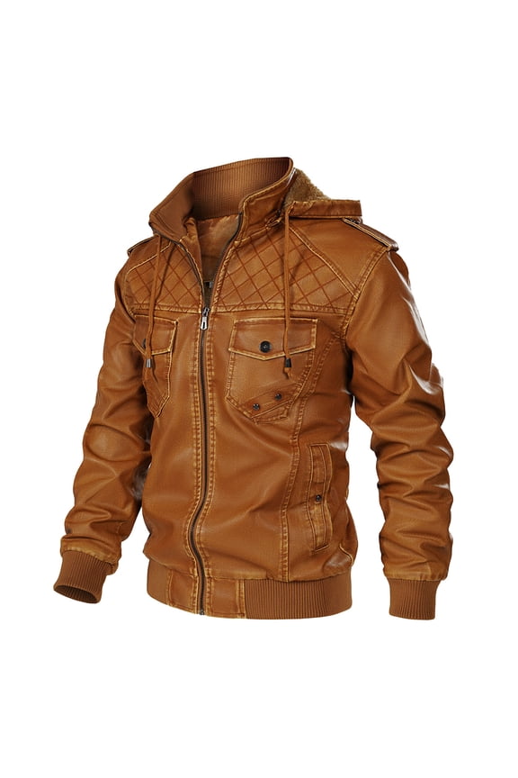 Hooded Leather Coat, Men's Zipper Pocket Removable Add Velvet Loose Artificial Jacket