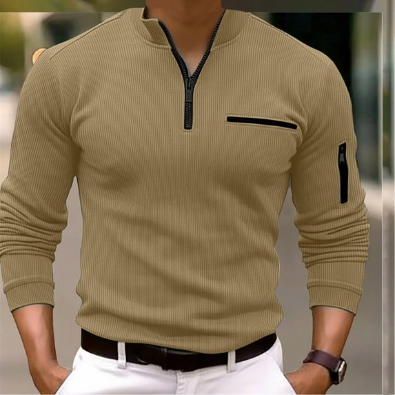 Ahabrexf Men's 3/4 Zipper Long Sleeved Top With Arm Zipper Men's Striped Long Sleeved Sports Top Solid Color Long Sleeved Stand Up Collar Top/shirt