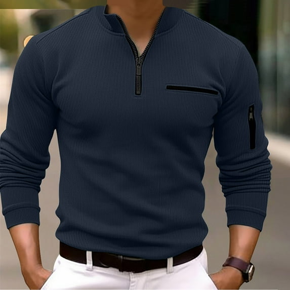 Ahabrexf Men's 3/4 Zipper Long Sleeved Top With Arm Zipper Men's Striped Long Sleeved Sports Top Solid Color Long Sleeved Stand Up Collar Top/shirt